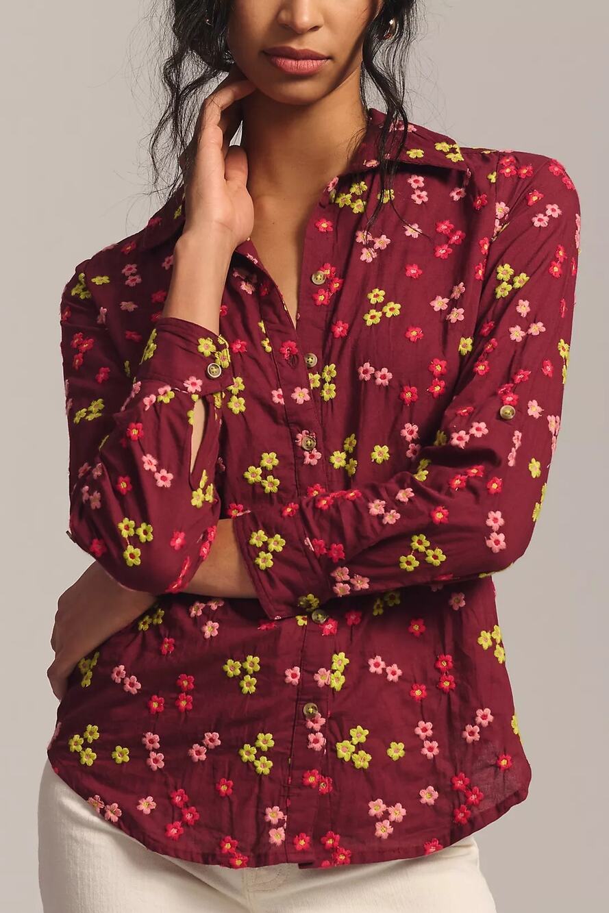 Maeve Womens Floral Embroidered Button Up Blouse Small Cotton Cottagecore Boho